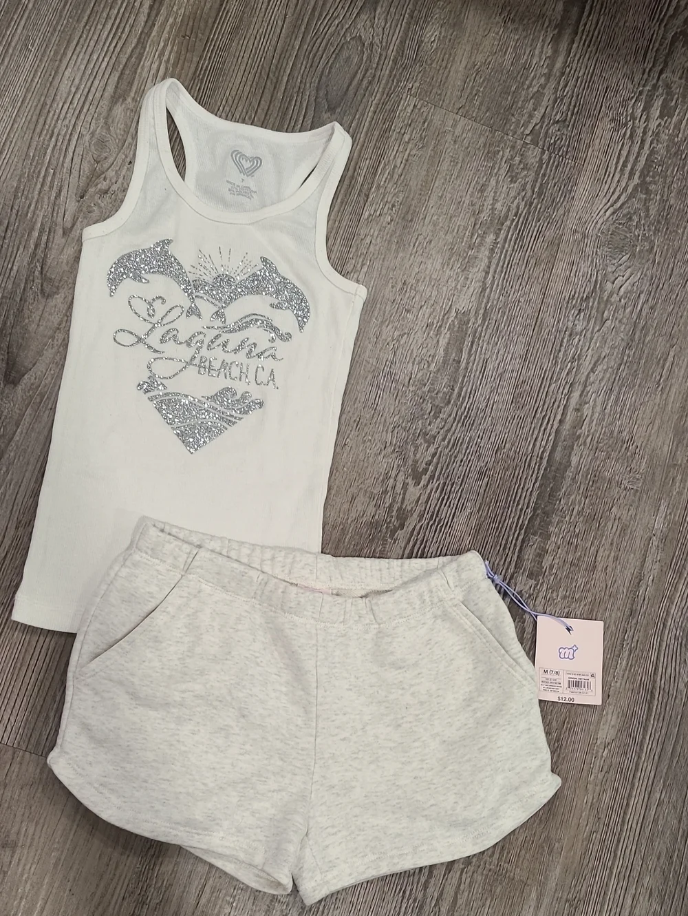 Justice White Glitter Dolphin Tank w/ Light Gray Heather Shorts Size Medium 7/8